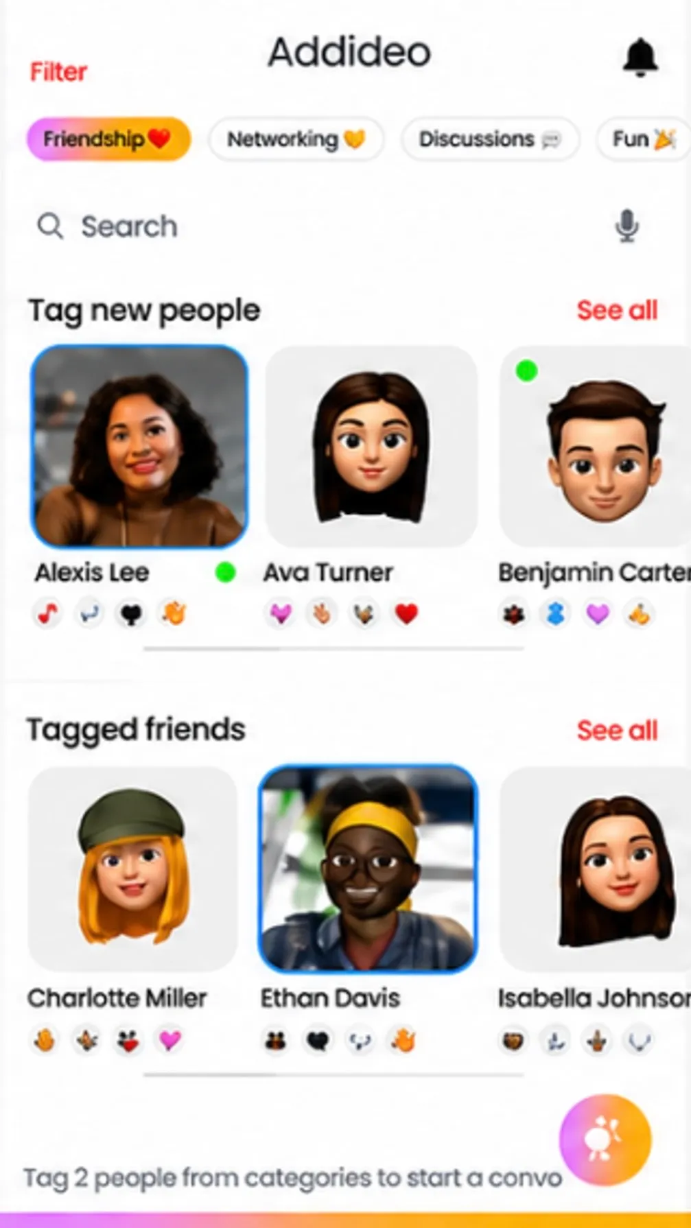 Addideo home: filter chips for friendship, networking, discussions, and fun, with people to tag into a conversation.