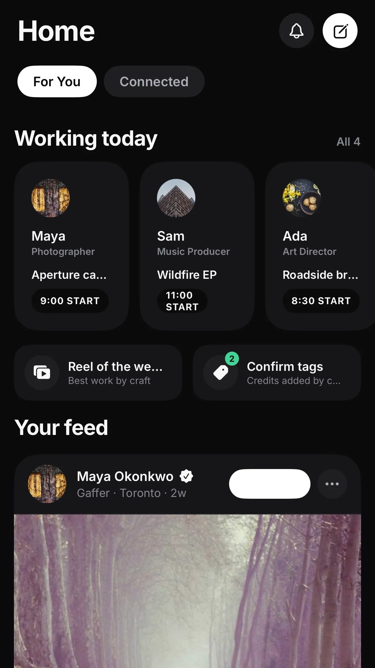 OneTake Crew home screen: who of your crew is working today, and your feed. Demo content.