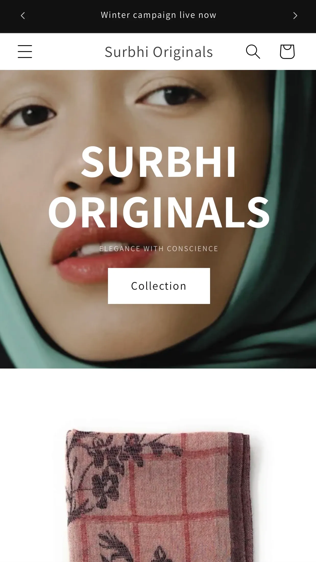 The live store home: Surbhi Originals, elegance with conscience, over a campaign portrait.