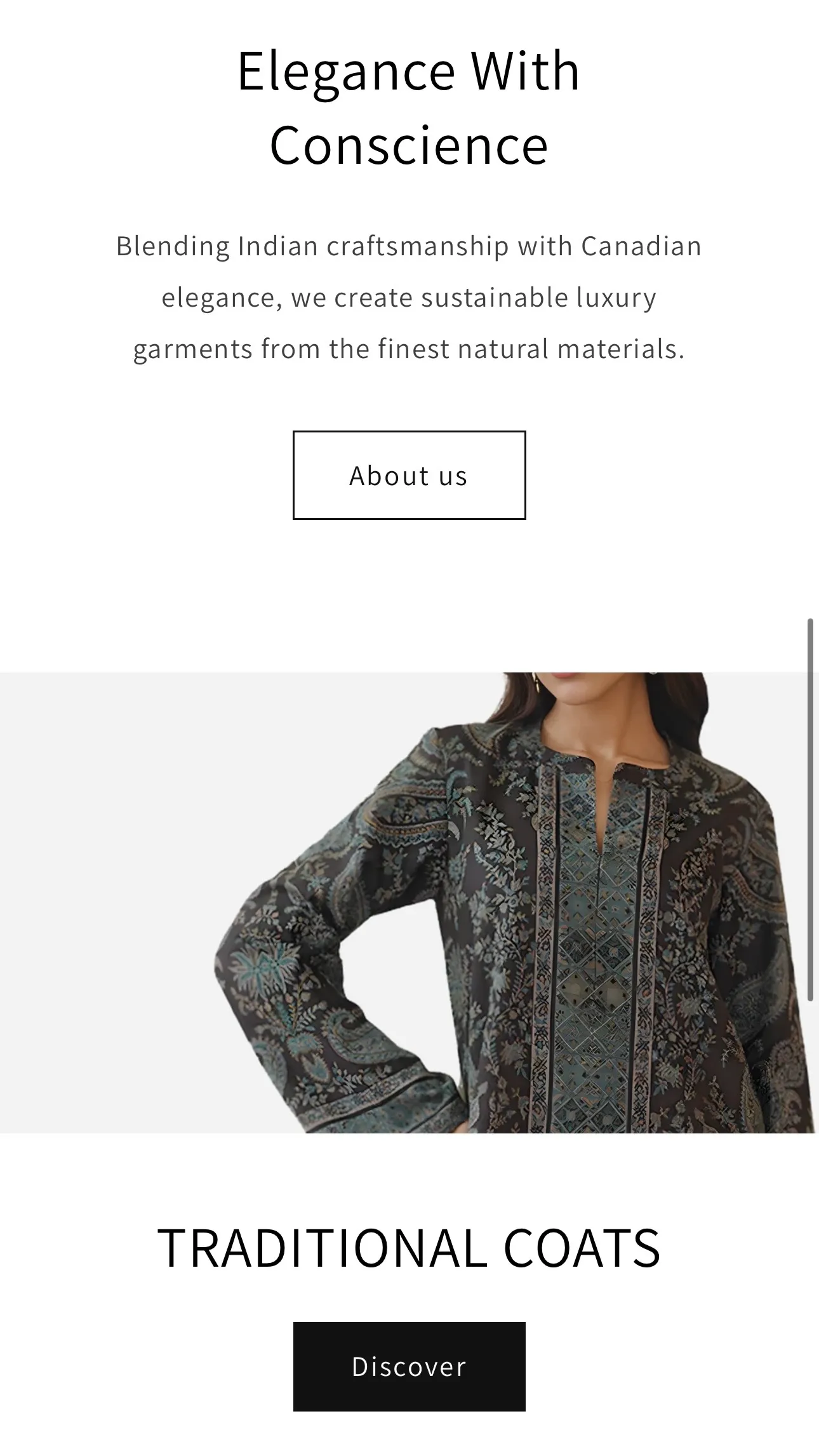 Elegance With Conscience section: Indian craftsmanship with Canadian elegance, traditional coats below.