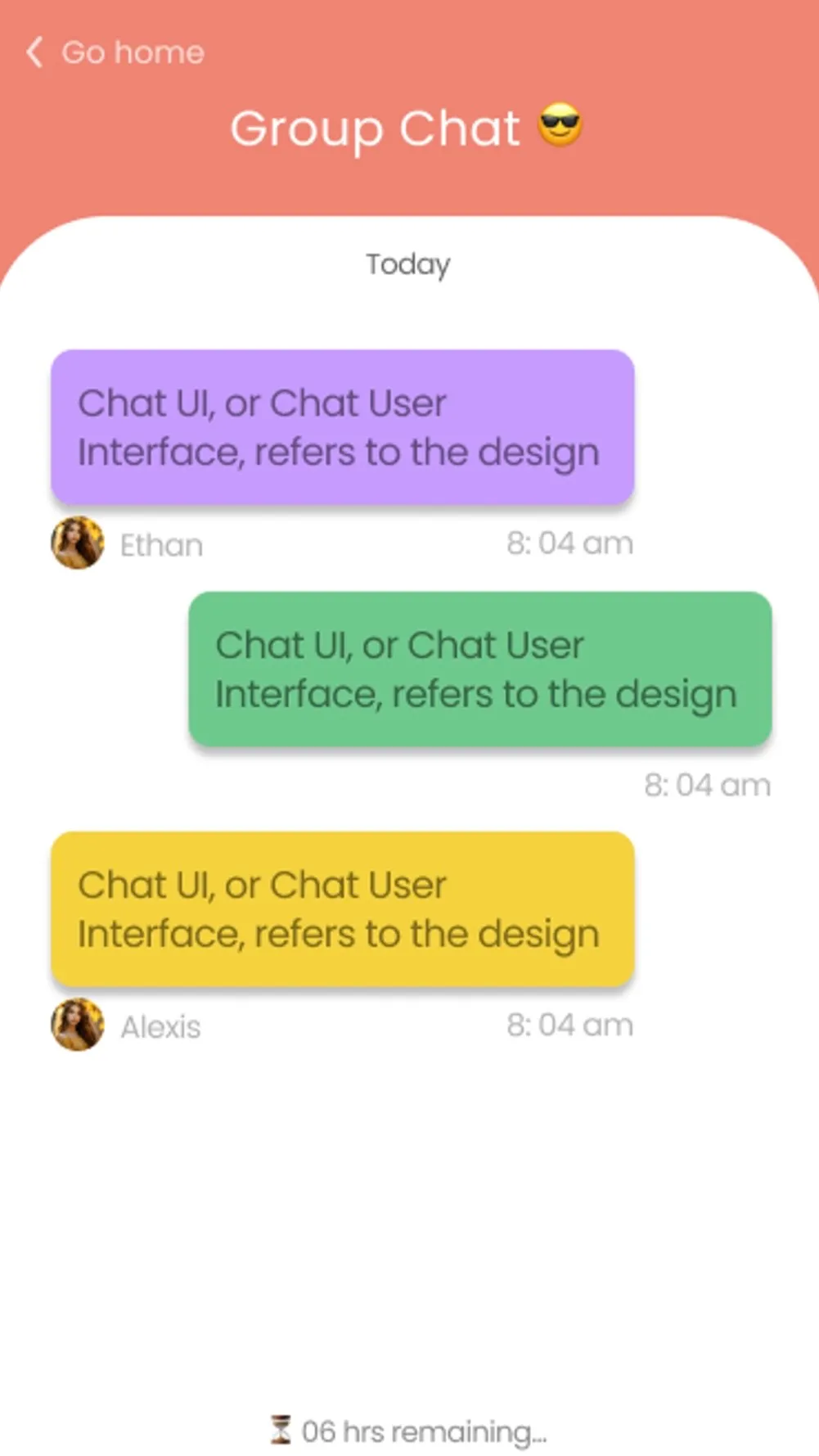 A timed Addideo group chat with colorful message bubbles and hours remaining.