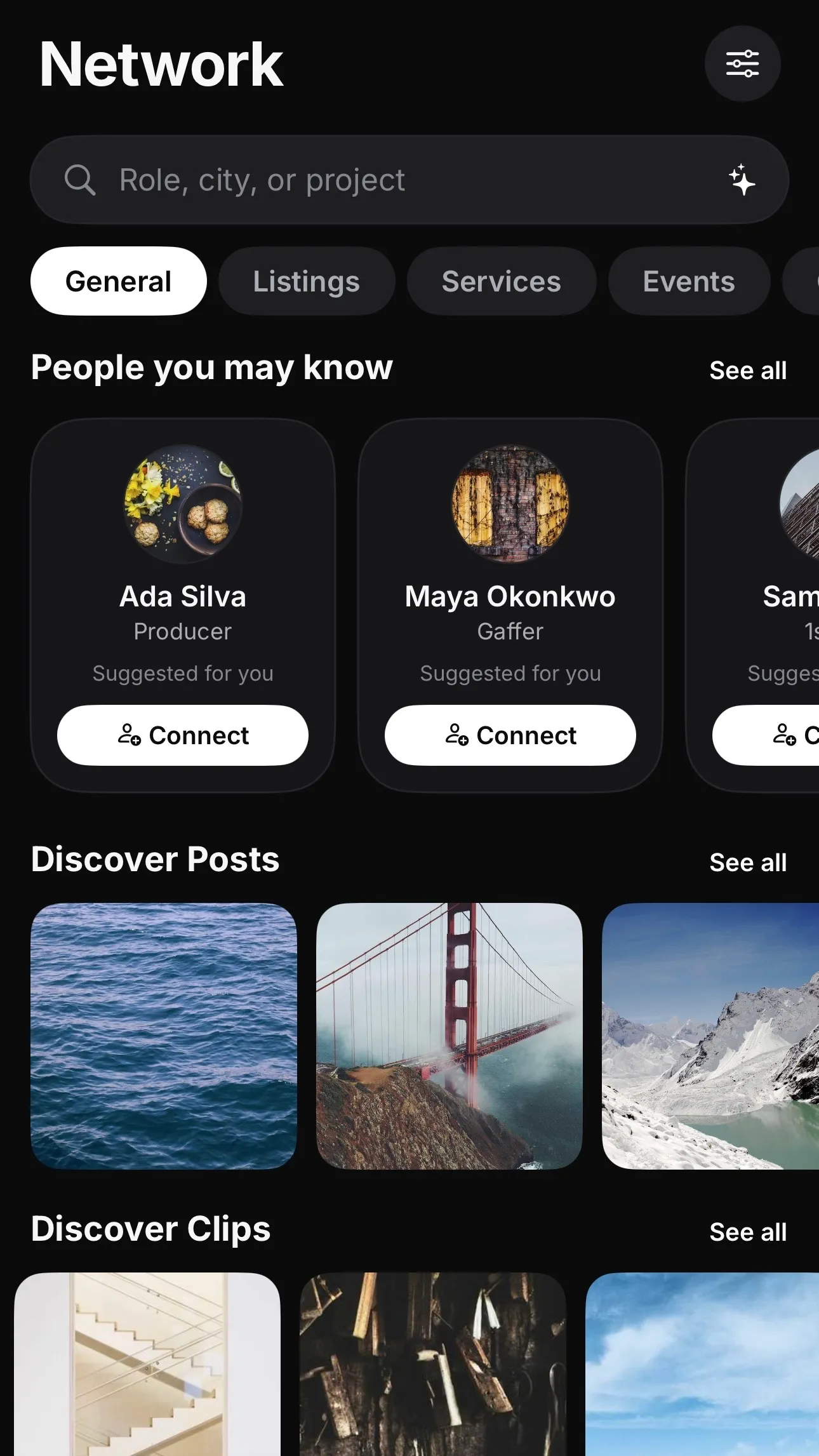 Network screen: search by role, city, or project, people you may know, discover posts and clips. Demo content.