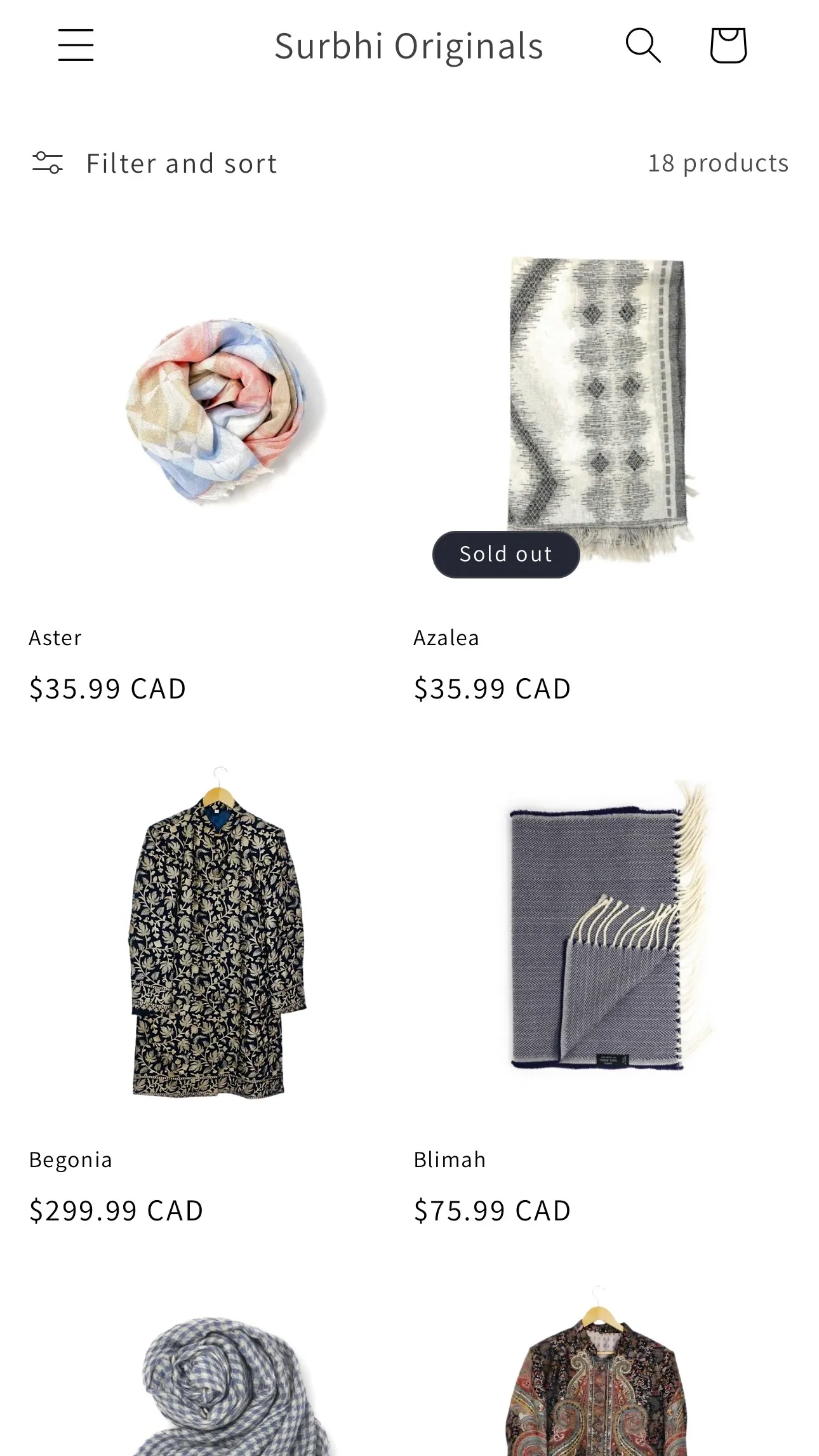 The collection grid: scarves and coats with prices in Canadian dollars.