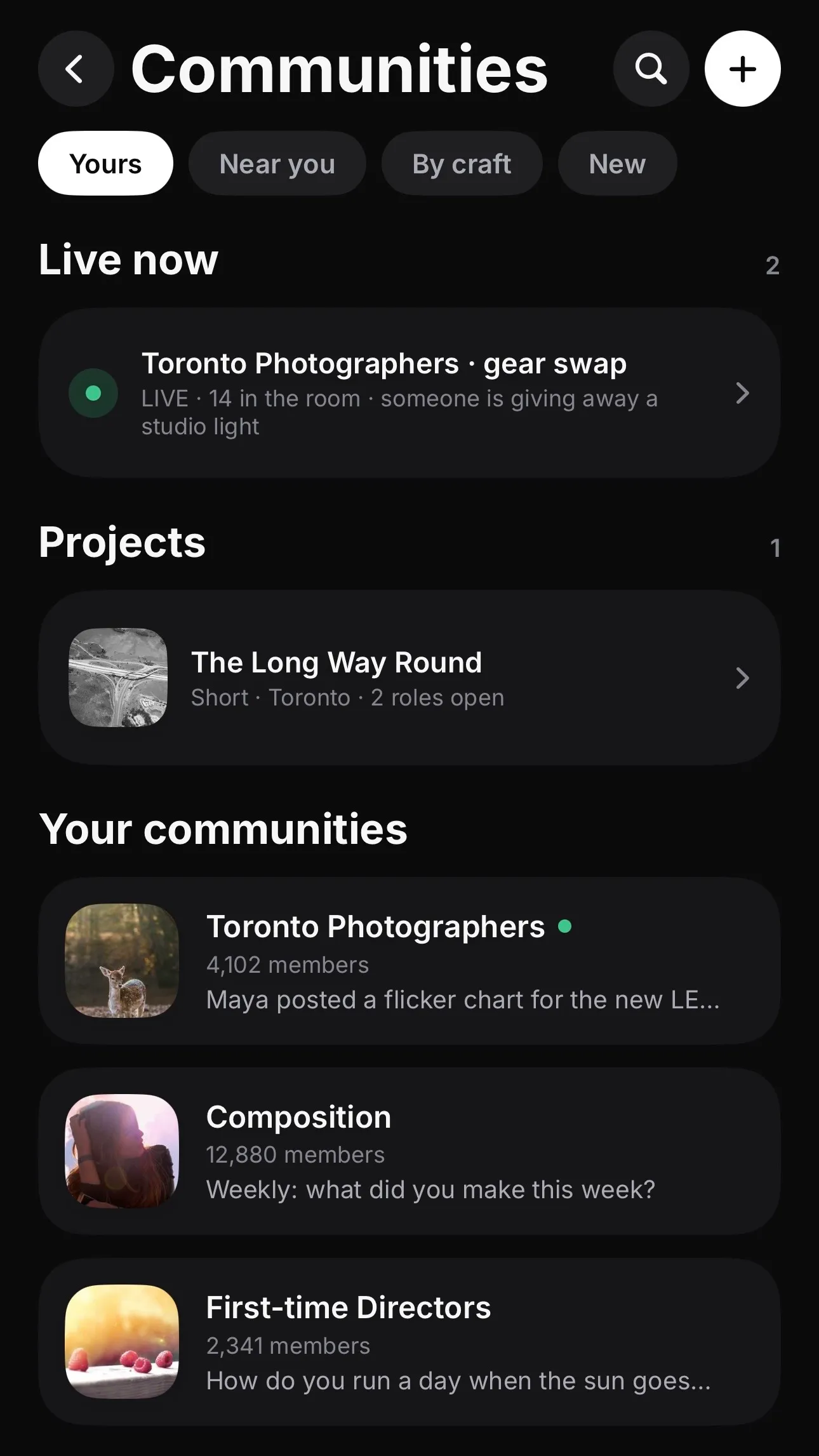 Communities screen: live rooms, project listings with open roles, and craft communities. Demo content.