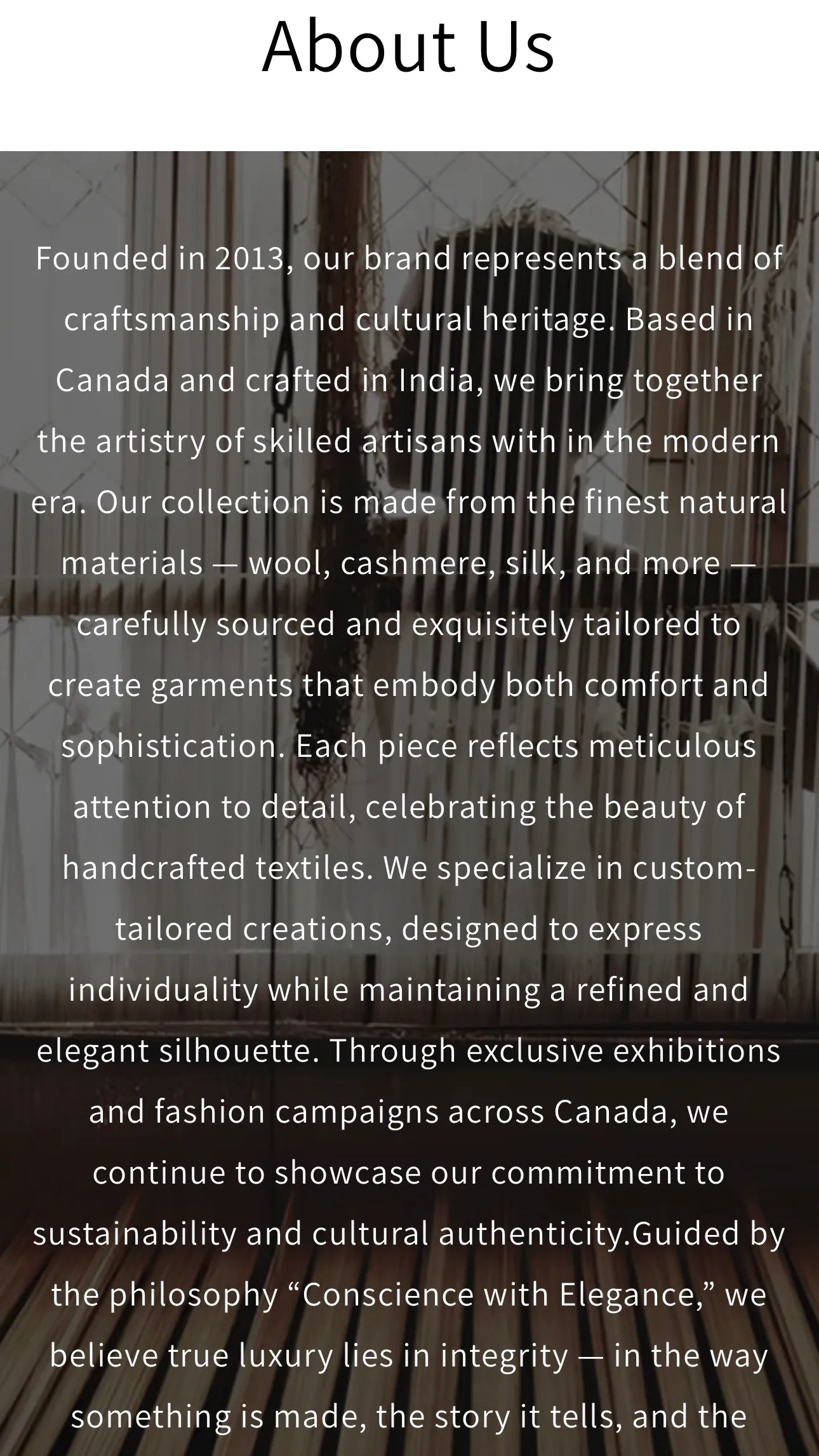 The About Us page telling the founded-in-2013 story over a loom photograph.