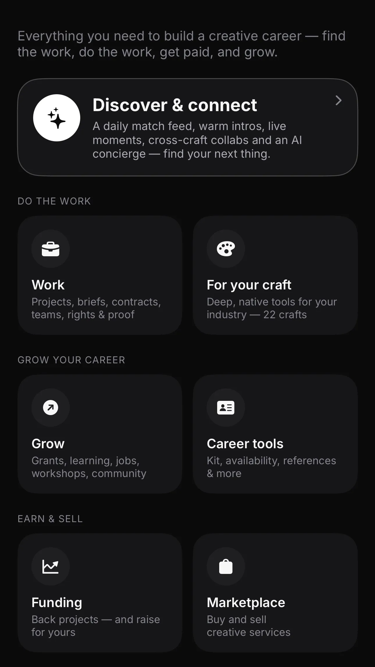 The hub: discover and connect, work, craft tools, career tools, funding, and marketplace. Demo content.
