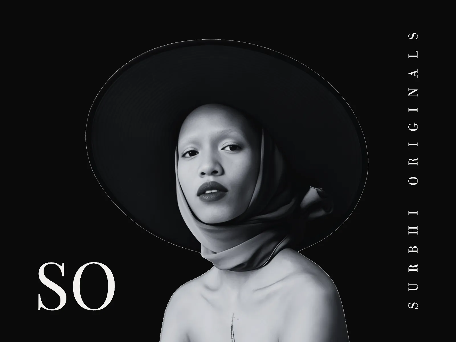 Surbhi Originals: a black and white editorial portrait of a model in a wide-brim hat, with the SO monogram.