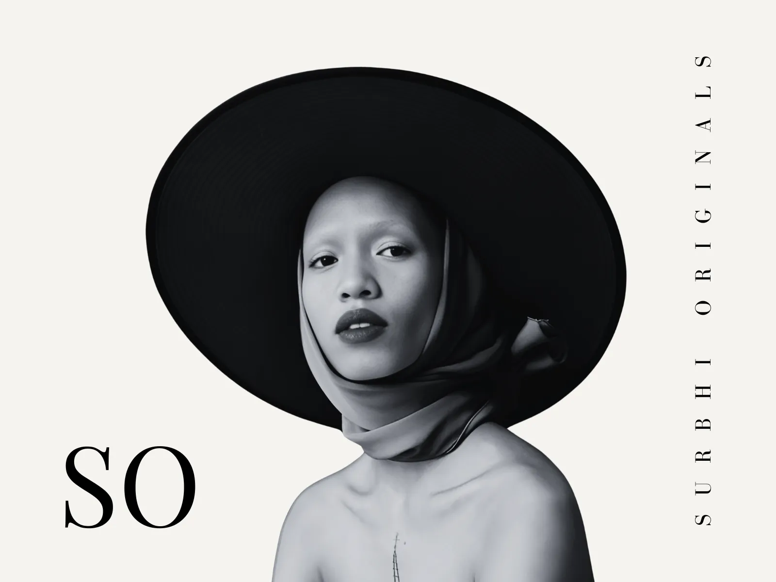 Surbhi Originals: a black and white editorial photo of a model in a wide-brim hat and headscarf, with the SO monogram.